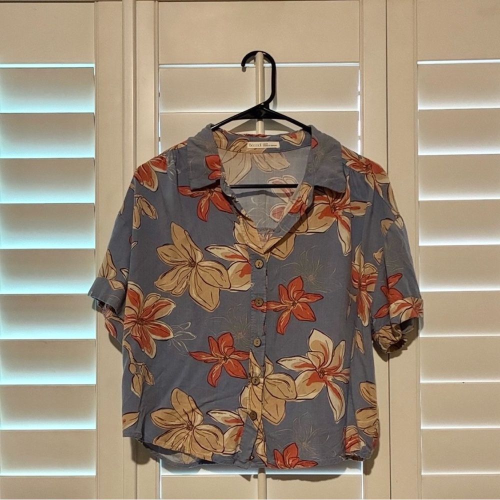 Floral Button-Up Blouse - Blue and Orange